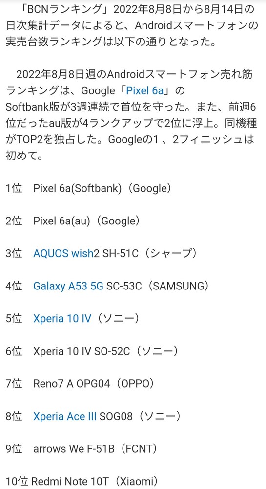 日本Android手机周销量排行